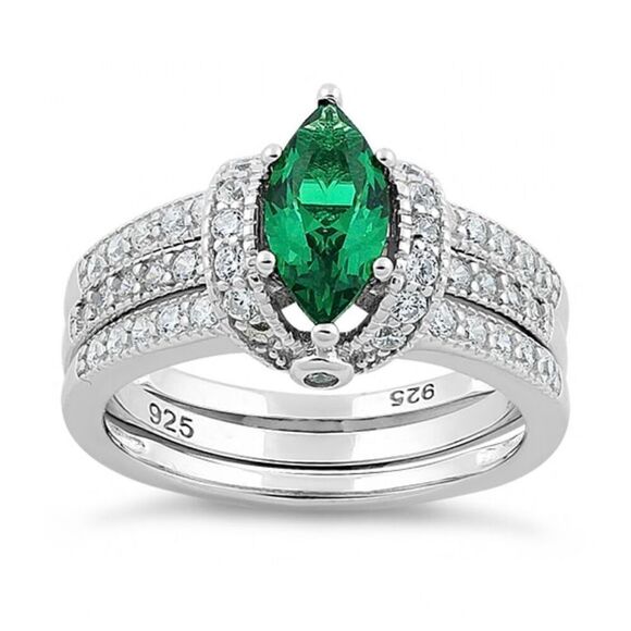 Sterling Silver Marquise Emerald Set Ring New - Picture 2 of 4